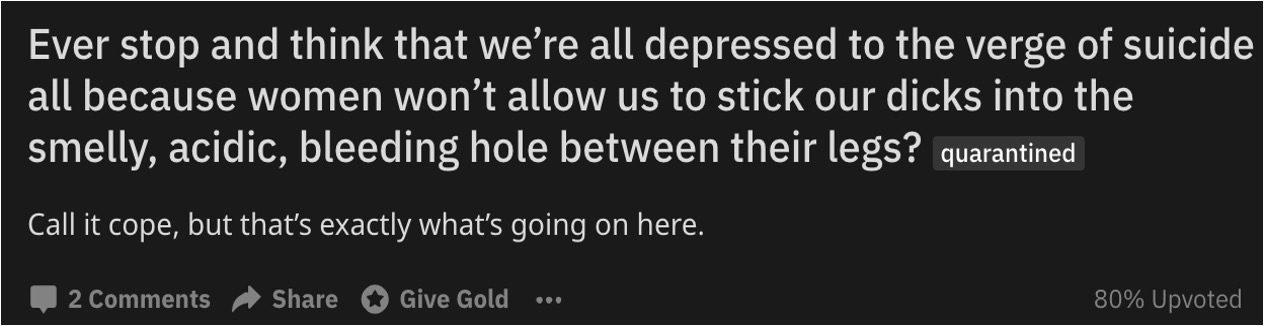 Screenshot from reddit user's post shared to r/incel: "Ever stop and think that we're all depressed to the verge of suicide all because women won't allow us to stick our dicks into the smelly, acidic, bleeding hole between their legs? Call it cope, but that's exactly what's going on here."